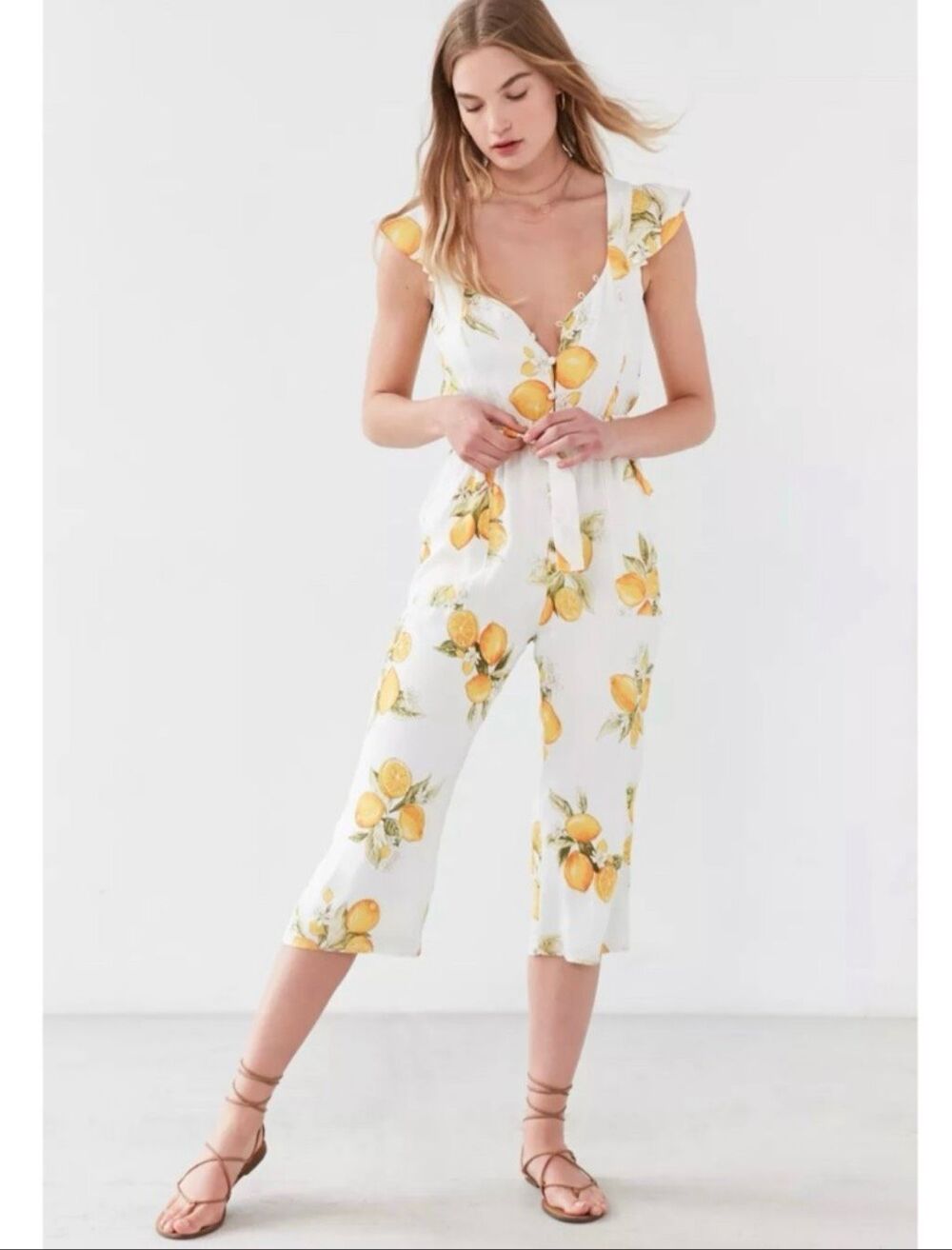 For Love & Lemons Limonada Lemon Print Jumpsuit XL NWT Belted Ruffle